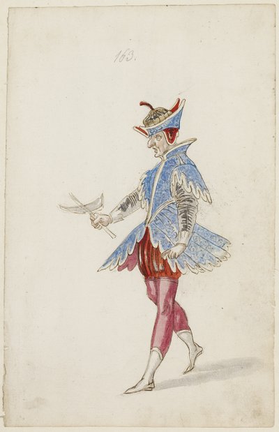 Mansfigur i blå och röd kostym från Ballet des quatre saisons de lAnnee, 1626 (brunt bläck, wc & metallic färg över en underritning av svart krita på lagt papper) av Daniel Rabel