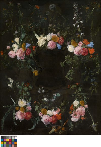 Skulpterad kartusch utsmyckad med blomkransar av Daniel Seghers