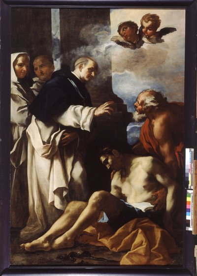 Saint Anthelmus tar hand om en sjuk man (olja på duk) av Daniel Seiter