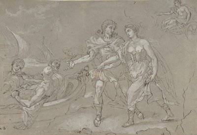 The Rape of Helena, tergo: Studie av en knästående naken mansfigur, sent 1600-1700-tal. av Daniel Seiter