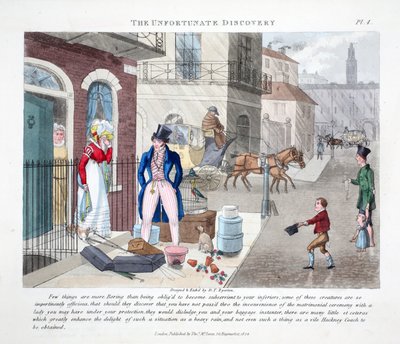 Den olyckliga upptäckten, illustration från "Fashionable Bores eller Coolers in High Life" av Peter Quiz, pub. Thomas McLean, London 1824 (handfärgad gravyr) av Daniel Thomas Egerton