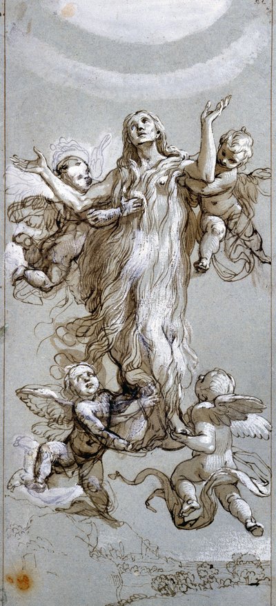 Maria Magdalenas antagande guidad av änglar Ritning av Daniele Crespi (1598-1630) 1600-talet Madrid, Pradomuseet av Daniele Crespi