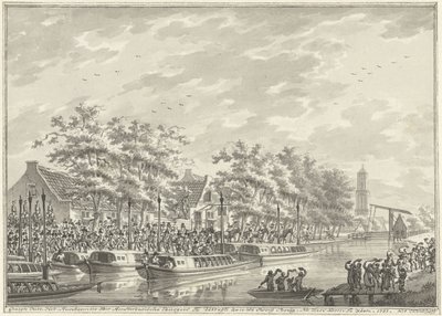 Amsterdammerarnas ankomst till Utrecht, 1787 Vy över ankomsten av Amsterdam-medborgarna vid Utregt på De Rooy Brug. Efter Den Dom att se. 1787. (titel på objekt) av Daniël Kerkhoff