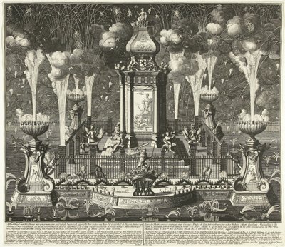 Fyrverkerier vid firandet av Utrechtfördraget, 1713 Bild av teatern med synade ornament och constigh fyrverkerier, uppförd av ordere van Haar Ed. Groot Mog: Heeren Staten van Holland och West Vriesland (...) i Haag, i vyver ( av Daniël Stopendaal