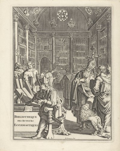 Biblioteksinteriör med prästerskap Titelsida för: Bibliotheque des Authors Ecclesiastiques, utan årtal av Daniël met de Penningen