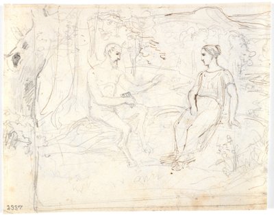 En satyr med en flöjt och en ung flicka som sitter i en skog av Dankvart Dreyer