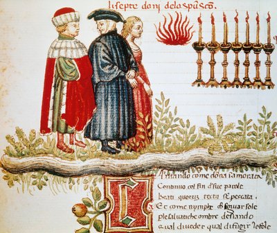 Virgil, Dante och Matelda, skärselden, Canto XXIX, upplyst sida från Divine Comedy, av Dante Alighieri (1265-1321) av Dante Alighieri