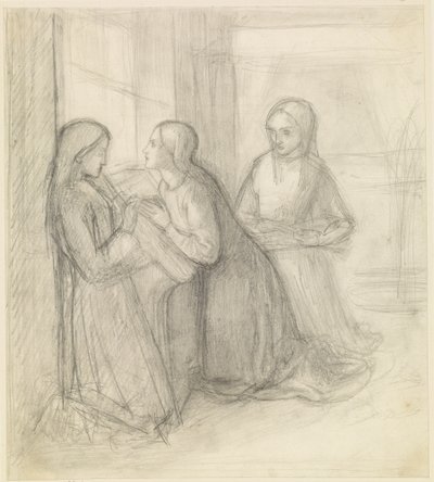 (Möjligen) S:ta Elisabeth av Ungern knäböjande med sina följeslagare Isentrudis och Guta av Dante Gabriel Charles Rossetti