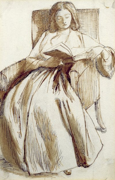 Elizabeth Siddal Läser en bok (penna & bläck och tvätt) av Dante Gabriel Charles Rossetti