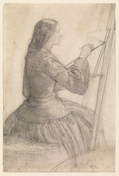 Elizabeth Siddal sittande vid ett staffli, målning, 1854-55 ca av Dante Gabriel Charles Rossetti