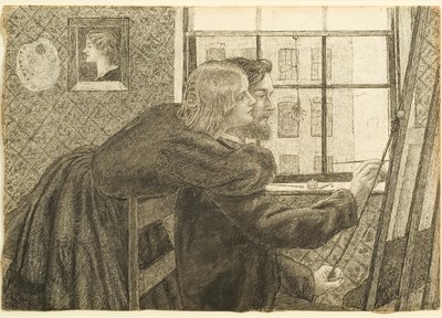 G P Boyce med Fanny Cornforth i Rossettis Studio, Chatham Place, ca 1858 (bläck på papper) av Dante Gabriel Charles Rossetti