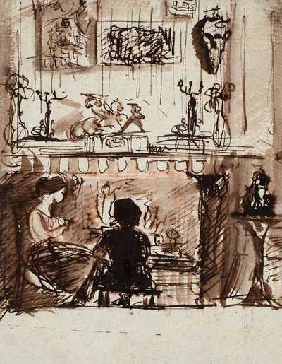 Lizzie Siddal och Woolner i ett imaginärt rum (penna, bläck och lavering) av Dante Gabriel Charles Rossetti
