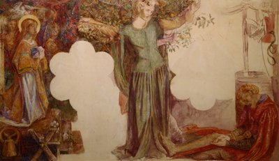 Sir Lancelot hindras på grund av sin synd från att gå in i den heliga Graalens kapell. av Dante Gabriel Charles Rossetti