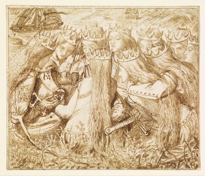 Utformning för Moxons Tennyson - kung Arthur och de gråtande drottningarna av Dante Gabriel Rossetti