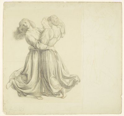The Bower Meadow - Draperistudie för de två dansande flickorna av Dante Gabriel Rossetti