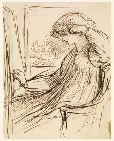 Kvinna sittande vid en broderiram eller ett staffli av Dante Gabriel Rossetti
