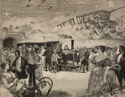 Karnevalsfest på International Artistic Club (Circolo Artistico) i Rom, Italien, gravyr efter teckning av Dante Paolocci, från L