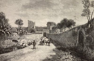 Castello-porten, Corneto Tarquinia, Italien, gravyr från teckning av Dante Paolocci, från L