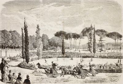 Vagntävlingar i Villa Borghese, Rom, Italien, gravyr från teckning av Dante Paolocci från L