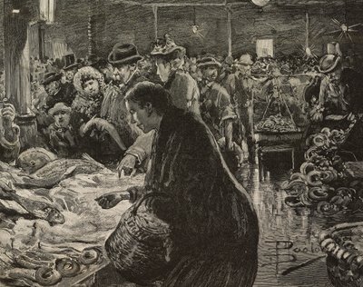 Julmarknad i Rom, Italien, gravyr efter teckning av Dante Paolocci, från L