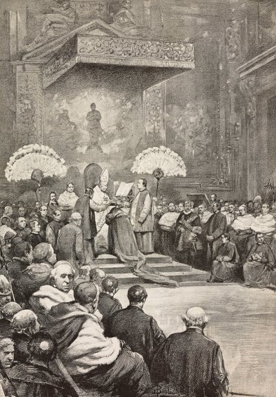 Konsistoriet den 13 november, påven Leo XIII där han skapade nya kardinaler, Vatikanen, gravyr från teckning av Dante Paolocci, från L