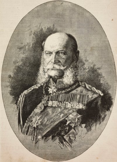 Kejsar Vilhelm I av Tyskland (1797-1888) 1887, gravyr efter teckning av Dante Paolocci, från L