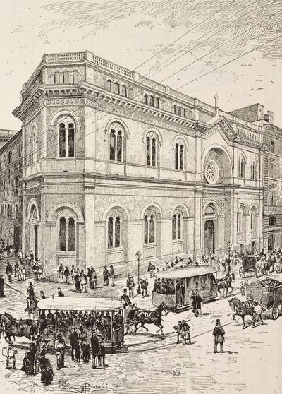 Evangelisk kyrka på Via Nazionale, Rom, Italien, gravyr från teckning av Dante Paolocci, från L