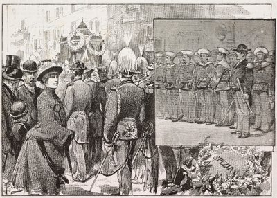 Begravning av amiral Luigi Buglione di Monale (1821-1884), Rom, Italien, gravyr från teckning av Dante Paolocci, från L