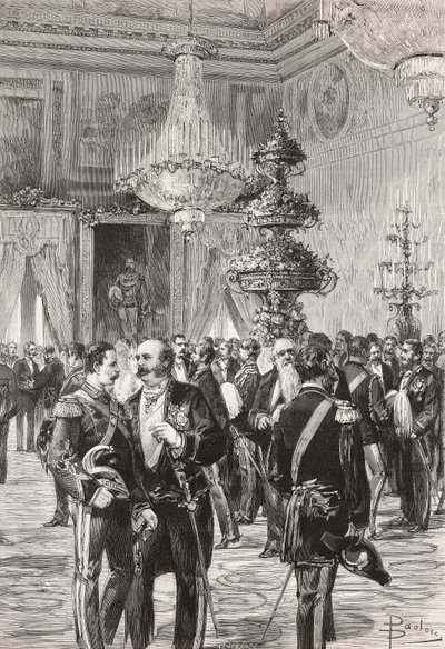 Italienska politiker och officerare firar nyårsafton på Quirinal Palace, Rom, Italien, gravyr av Centenari från teckning av Dante Paolocci, från L