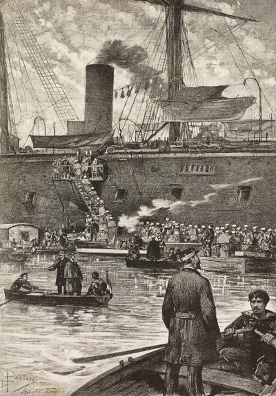 Italienska soldater ombord på slagskeppet Principe Amedeo, italiensk expedition i Röda havet, Neapel, Italien, gravyr efter ritning av Dante Paolocci, från L