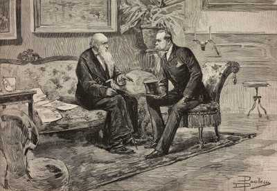 Kung Umberto I av Savojen (1844-1900) och rådspresident Agostino de Pretis (1813-1887), gravyr från teckning av Dante Paolocci, från L