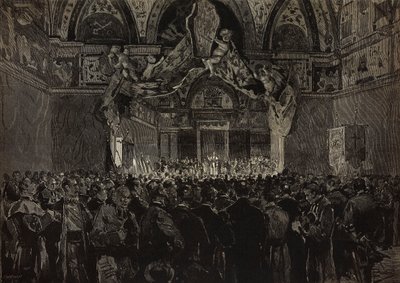 Leo XIII tar emot franska pilgrimer i Ducal Hall, Papal Jubilee, Vatikanen, gravyr från teckning av Dante Paolocci, från L