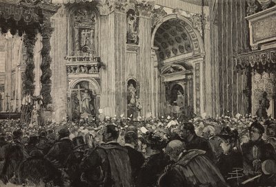 Påvlig välsignelse med anledning av Leo XIII:s biskopsjubileum, Peterskyrkan, Vatikanen, gravyr efter teckning av Dante Paolocci, från L