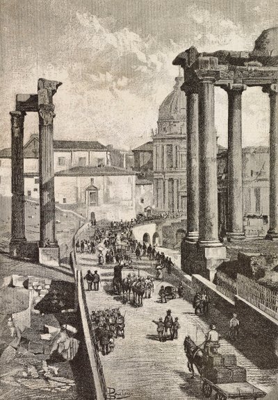 Passage genom Forum, Rom, Italien, gravyr från teckning av Dante Paolocci, från L