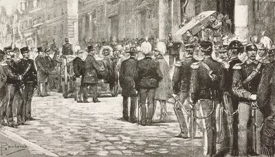 Politiker och officerare som deltar i begravningståget av Luigi Mezzacapo (1814-1885), italiensk politiker och officer, Rom, Italien, gravyr från teckning av Dante Paolocci, från L