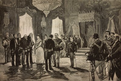 Prins av Neapel, Alfonso Maria Giuseppe Alberto av Bourbon-Two Sicilies i underlöjtnantuniform, vid nyårsmottagningen i Quirinal, Italien, gravyr från teckning av Dante Paolocci, från L
