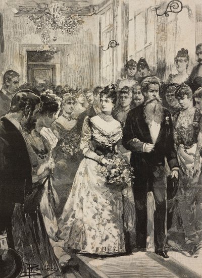 Drottning Margherita av Savojen på festen av den konstnärliga klubben (Circolo Artistico) i Rom, åtföljd av skulptören Giulio Monteverde, Italien, gravyr efter teckning av Dante Paolocci, från L