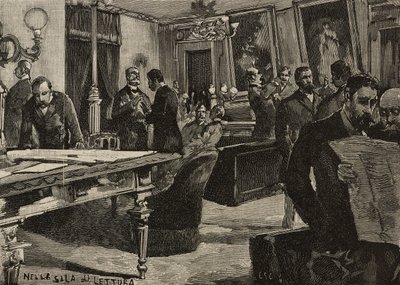 Läsrum i Palazzo Montecitorio, Rom, Italien, gravyr efter ritning av Dante Paolocci, från L