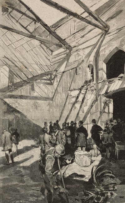 Rester av israelisk teater efter brand 1893, Rom, Italien, gravyr efter teckning av Dante Paolocci, från L