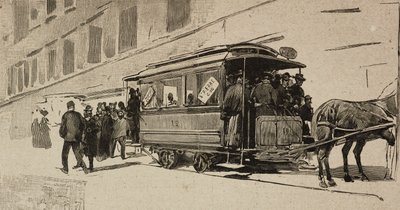 Spårvagn riktad till Peter i samband med Leo XIII:s biskopsjubileum, Rom, Italien, gravyr efter teckning av Dante Paolocci, från L