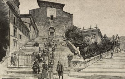 Vy över basilikan Santa Maria i Aracoeli, Rom, Italien, gravyr efter teckning av Dante Paolocci, från L