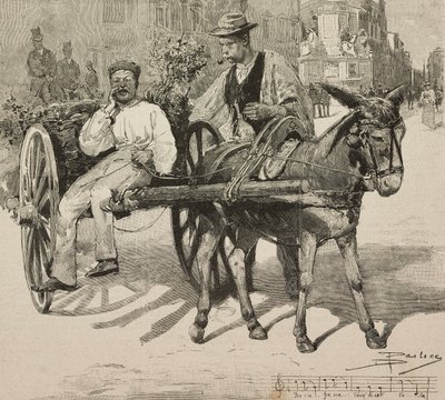 Vattenförsäljare (acquarolo), som säljer vatten från Acetosa-fontänen på gator i Rom, Italien, gravyr efter teckning av Dante Paolocci, från L