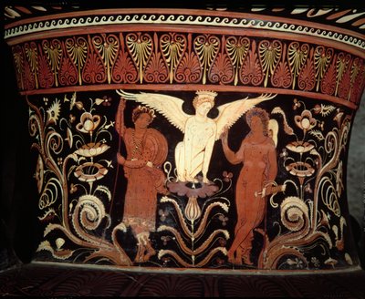 Apuliansk volutkrater med röd figur, detalj på halsen föreställande Oidipus och sfinxens keramik se även 153772 av Darius Painter