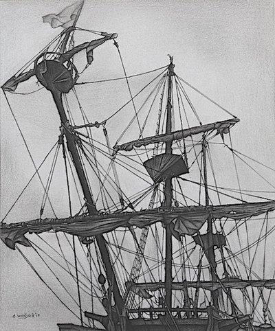 Ghostly Galleon, 2017 (blyerts, bläck på papper) av Darrell Windjack