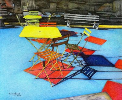 Patio Chairs, 2018 (blyerts, bläck på papper) av Darrell Windjack