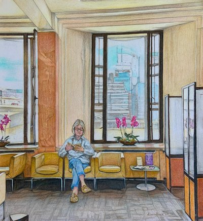 The Waiting Room, 2024 (blyerts på papper) av Darrell Windjack