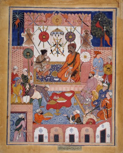 Livsmedelsaffären Misbah tar med sig spionen Parran till sitt hus, Folio från en Hamzanama..., ca. 1570. av Dasavanta.