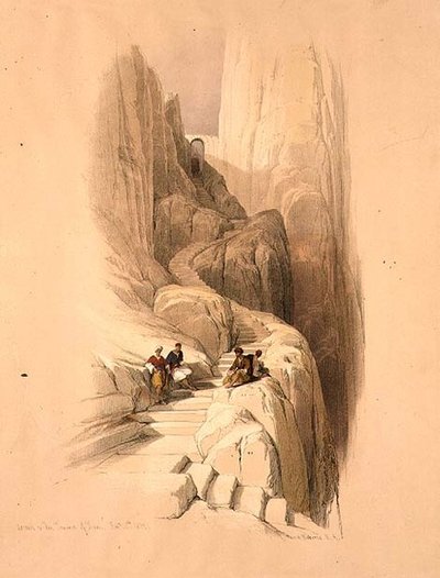 Uppstigning till toppen av Sinai, 20 februari 1839, skylt 115 från volym III av "Det heliga landet", graverad av puben Louis Haghe (1806-85). 1849 (lito) av David (after) Roberts