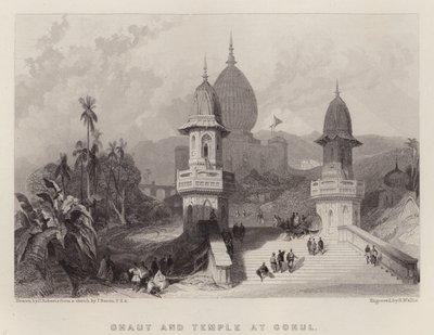 Ghaut och templet vid Gokul (färg litho) av David (after) Roberts