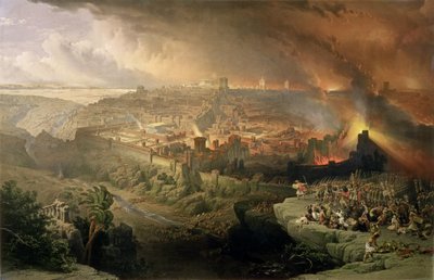 Förstörelsen av Jerusalem år 70 e.Kr., graverad av Louis Haghe (1806-85) (litho) av David (after) Roberts